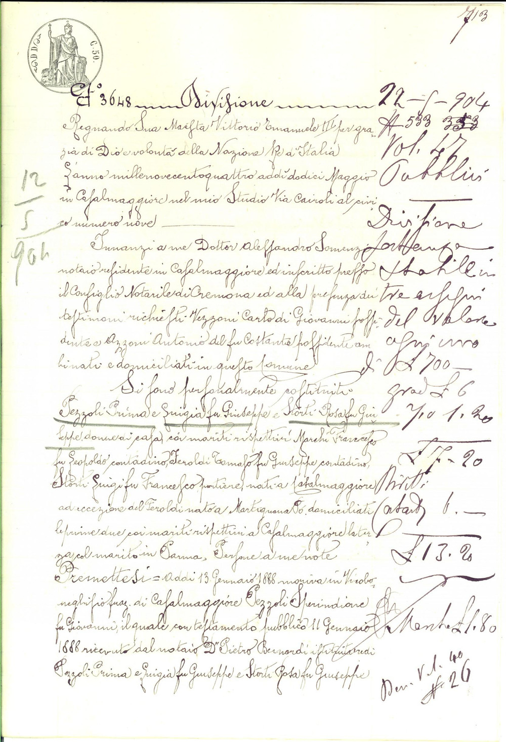 Documento originale, autentico 1904 VICOBONEGHISIO Divisione beni del defunto Sperindione PEZZOLI Manoscritto 1