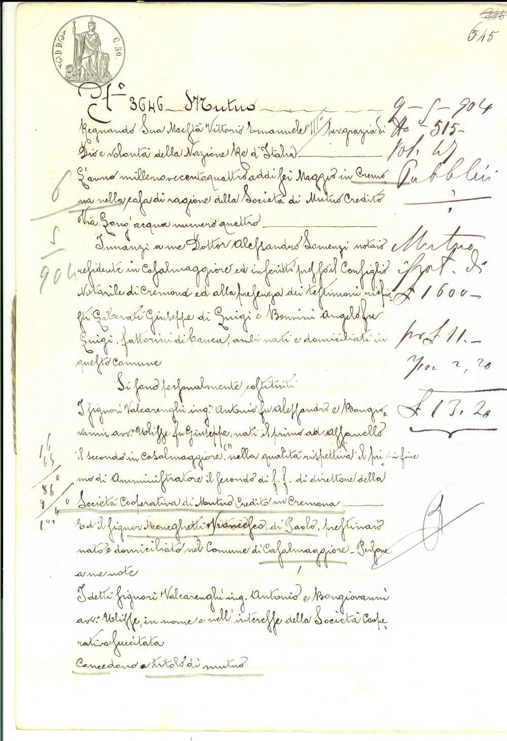 Documento originale, autentico 1904 CREMONA Prestito SocietÃ  Popolare di Mutuo Credito a Francesco MENEGHETTI 1