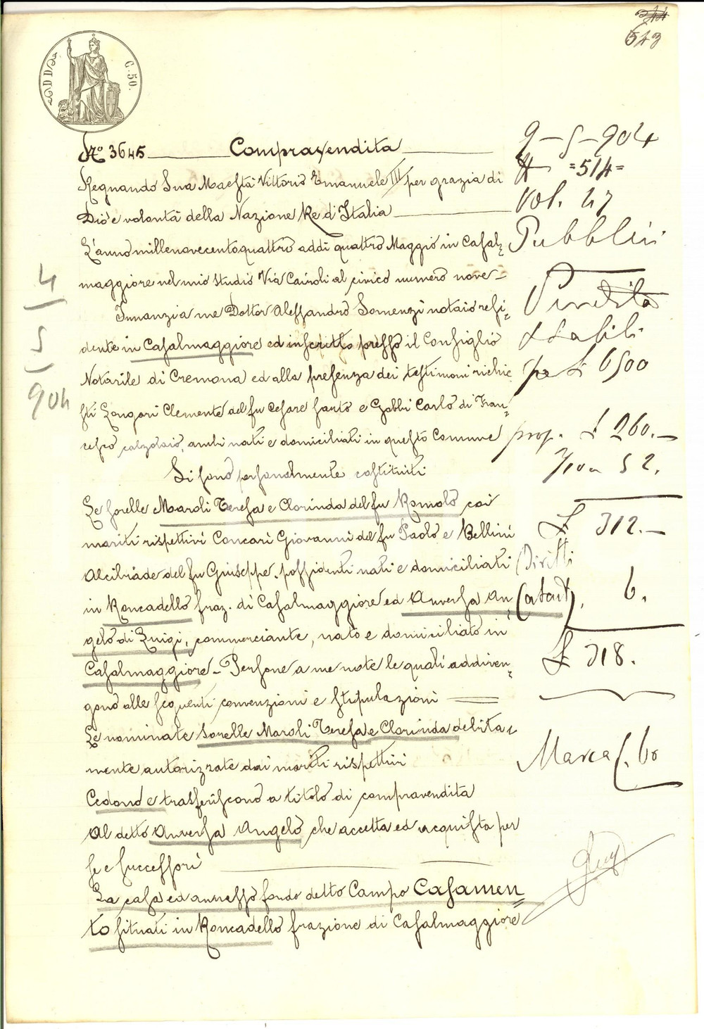 Documento originale, autentico 1904 RONCADELLO CR Sorelle MAROLI vendono ad Angelo ANVERSA campo CASAMENTO 1