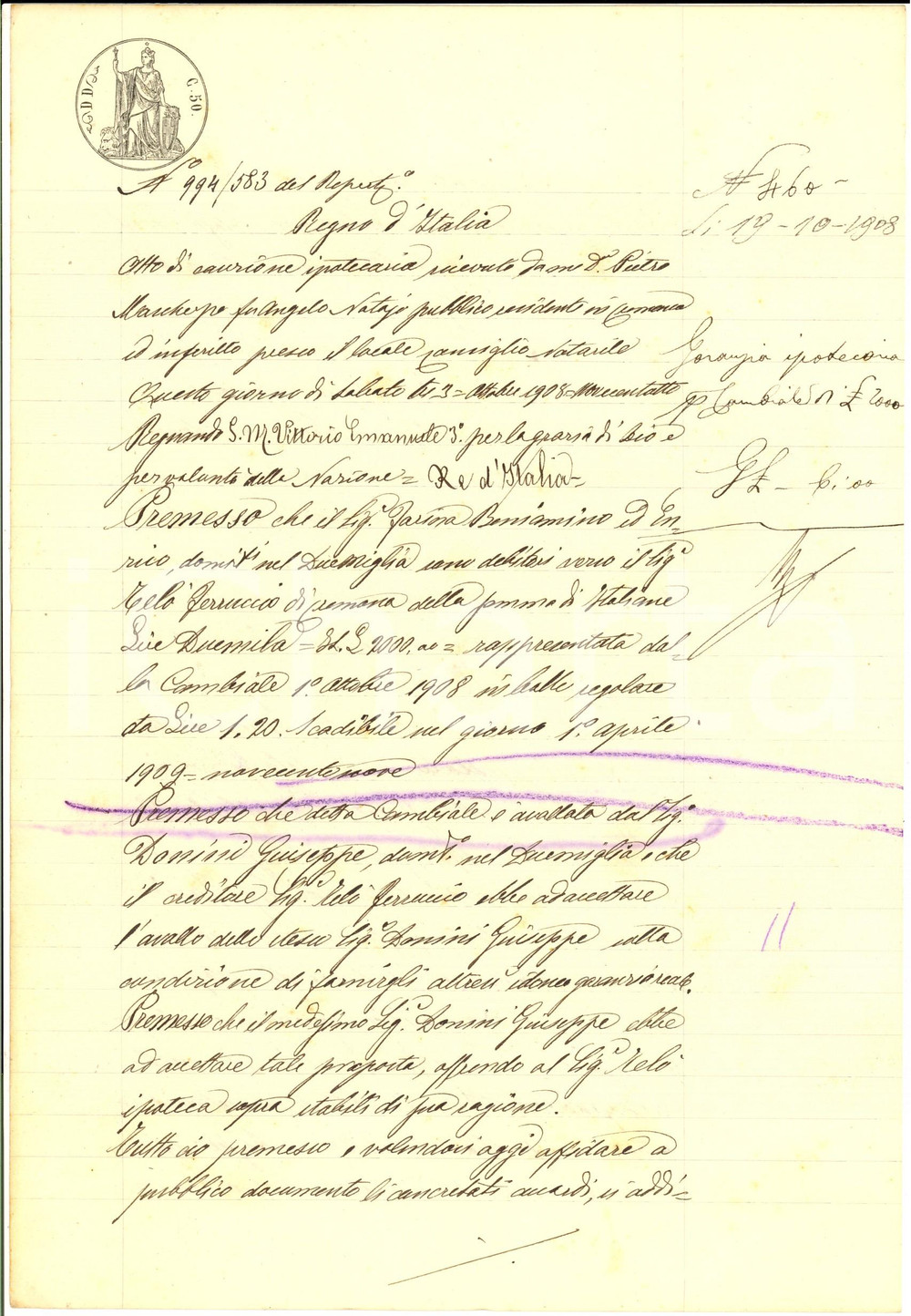 Documento originale, autentico 1908 DUEMIGLIA CREMONA Atto di cauzione di Giuseppe DONINI pro Ferruccio TELO 1