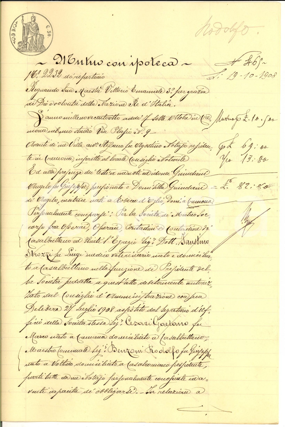 Documento originale, autentico 1908 CASALBUTTANO CR Prestito SocietÃ  di Mutuo Soccorso a Rodolfo BENZONI 1