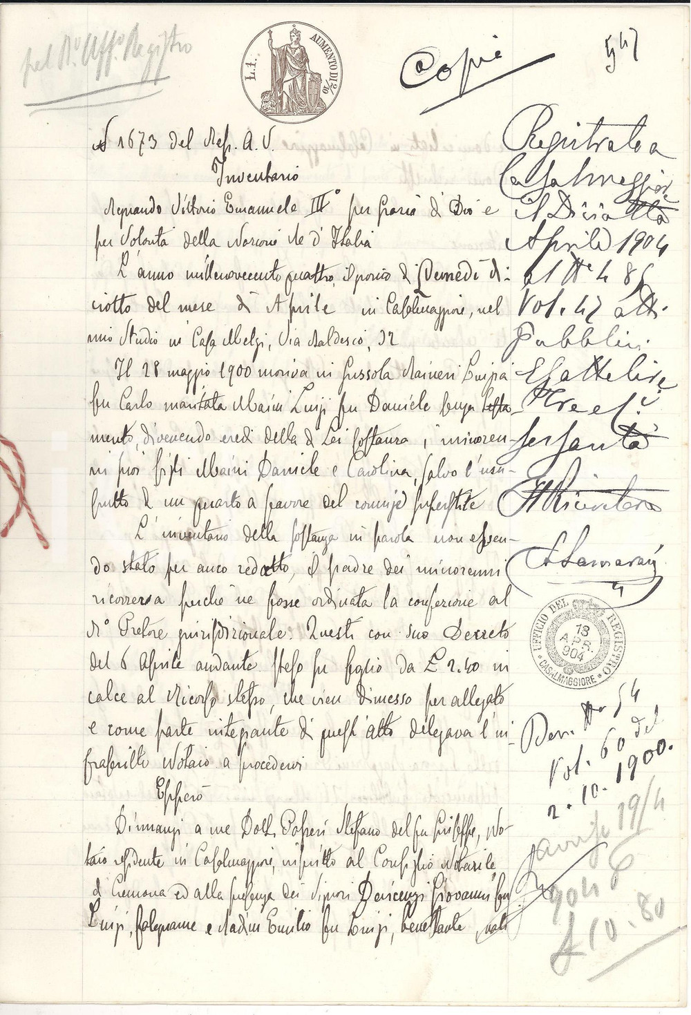 Documento originale, autentico 1904 GUSSOLA CR Inventario beni defunta Luigia RAINERI Manoscritto 1