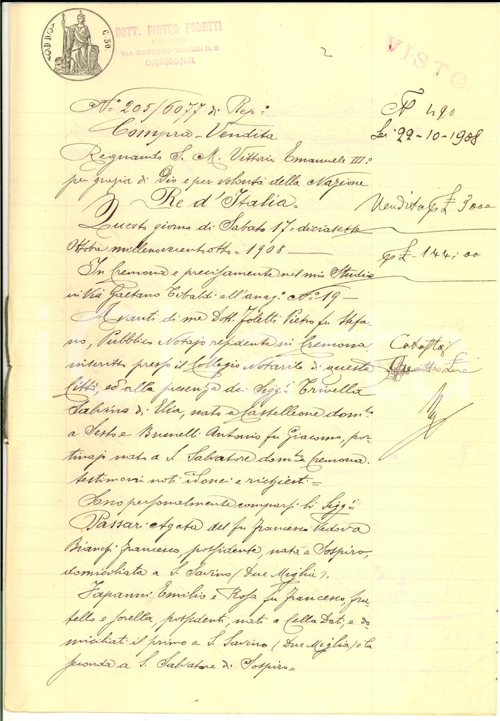 Documento originale, autentico 1908 SESTO ED UNITI CR Agata PASSI vende a Maria BOTTI casa con orto 1
