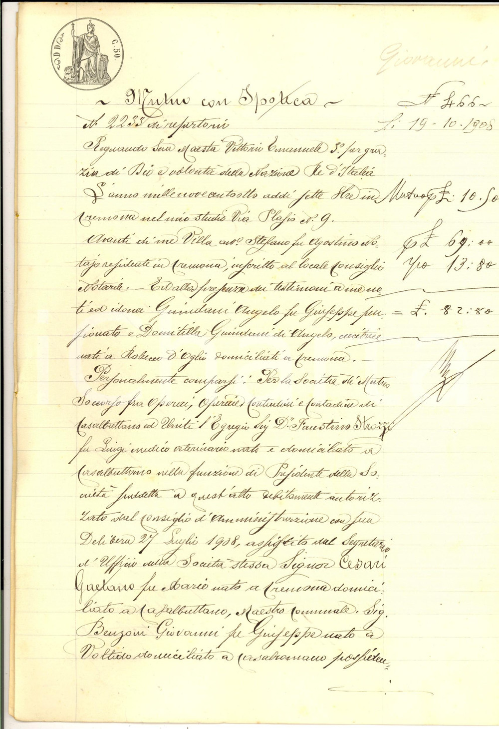 Documento originale, autentico 1908 CASALBUTTANO CR Prestito SocietÃ  di Mutuo Soccorso a Giovanni BENZONI 1