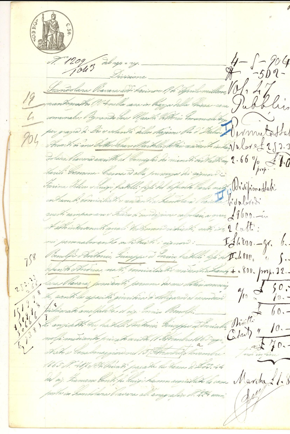 Documento originale, autentico 1904 SCANDOLARA RAVARA Atto di divisione beni del defunto Andrea RENOLFI 1
