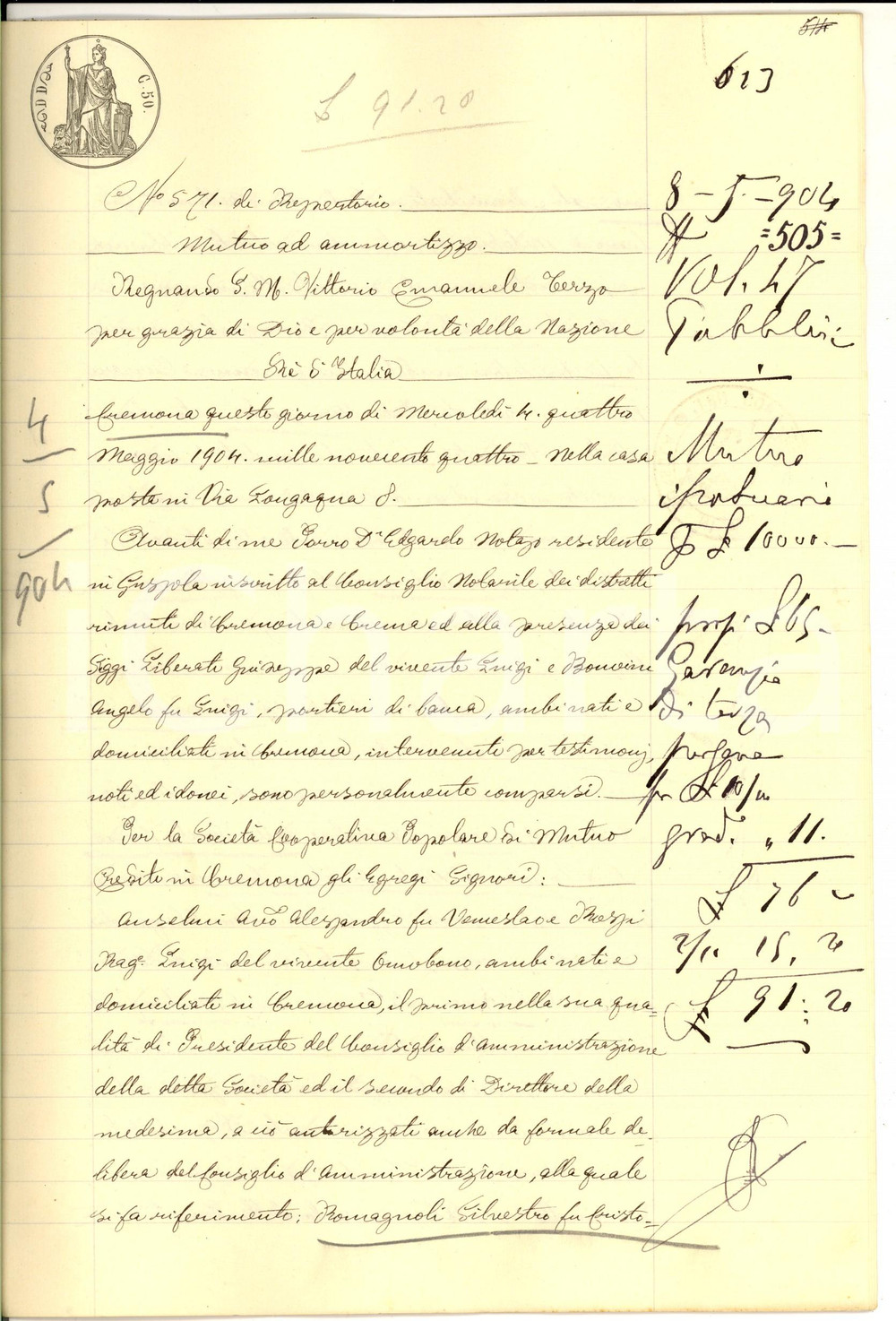 Documento originale, autentico 1904 CREMONA Prestito SocietÃ  Popolare Mutuo Credito a Silvestro ROMAGNOLI 1