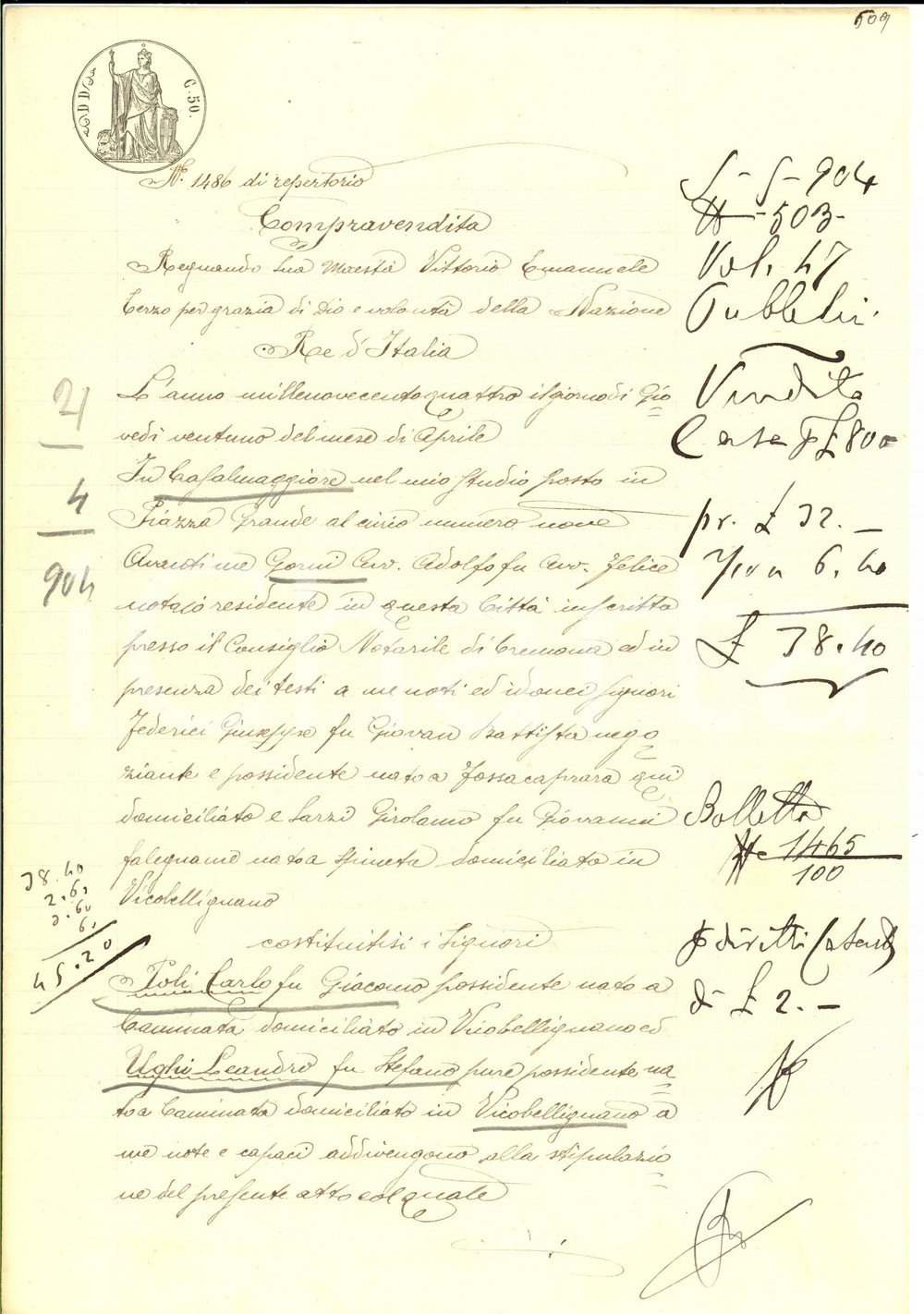 Documento originale, autentico 1904 CAMINATA PC Carlo POLI vende casetta a Leandro UGHI Manoscritto 1