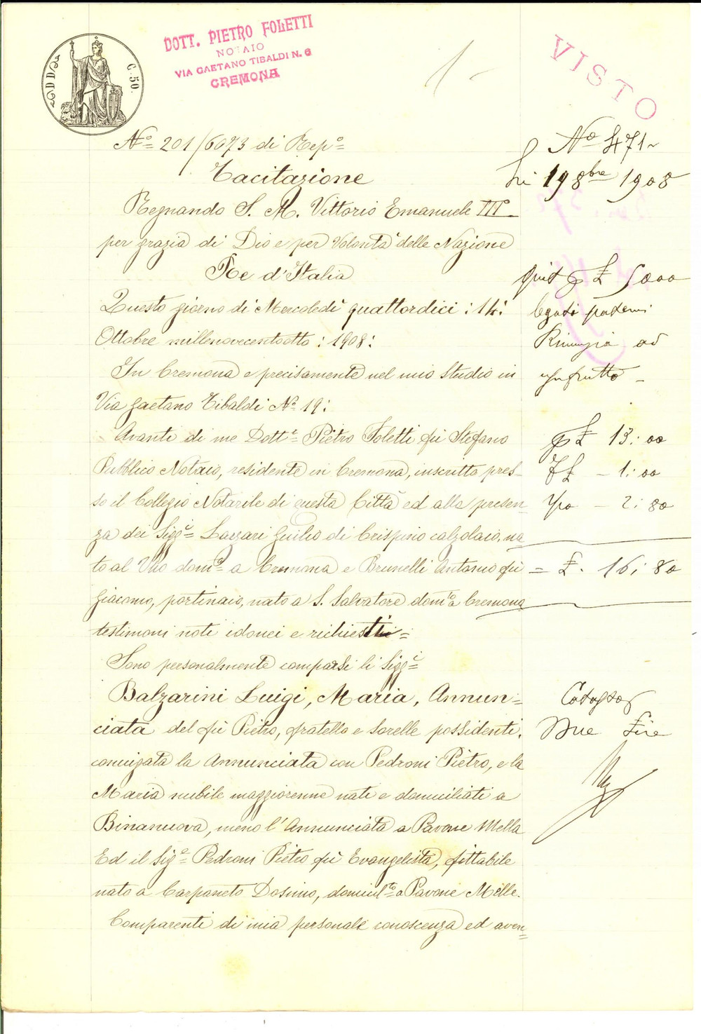 Documento originale, autentico 1908 BINANUOVA Maria e Annunciata BALZARINI ricevono saldo ereditÃ  dal fratello 1