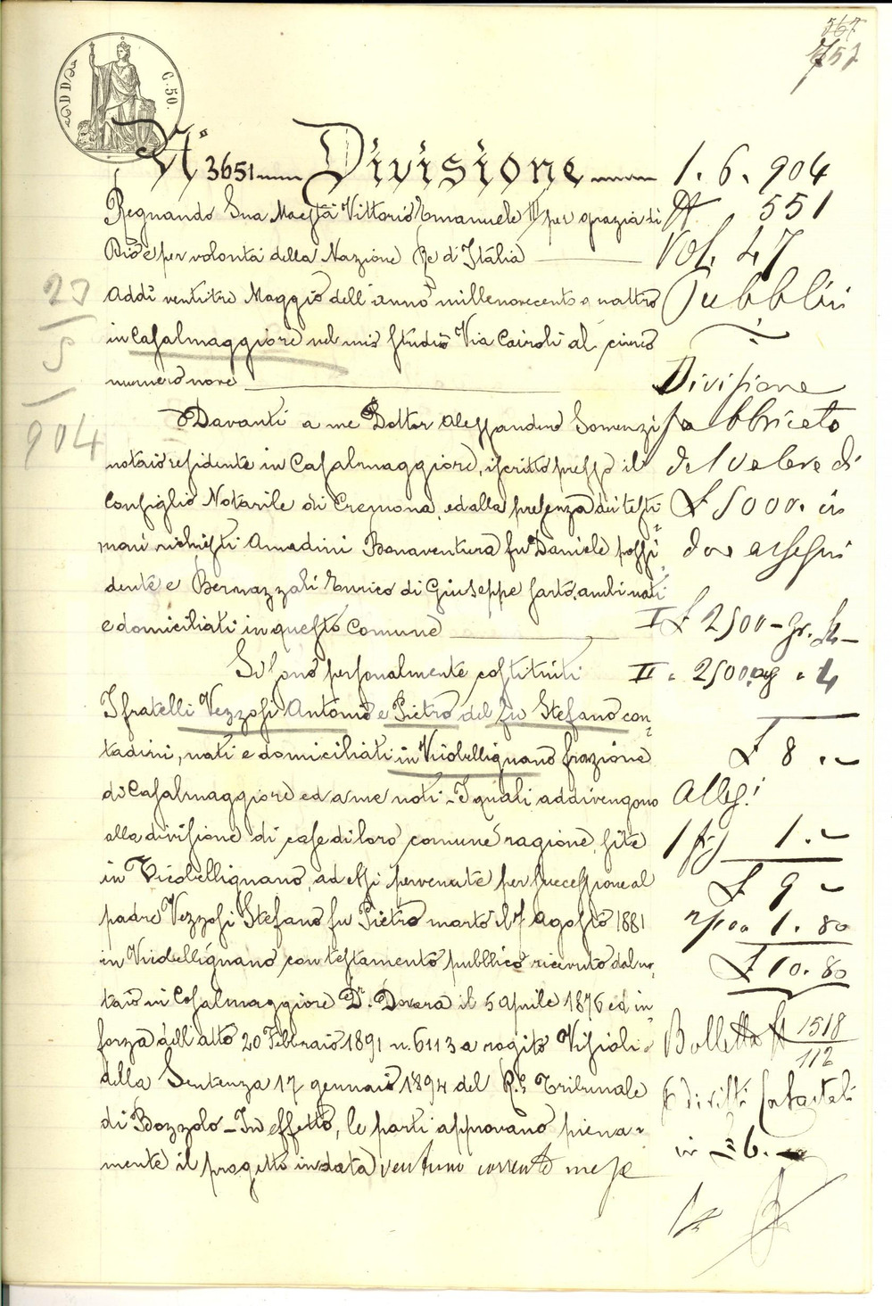 Documento originale, autentico 1904 VICOBELLIGNANO Divisione ereditaria per beni defunto Stefano VEZZOLI 1