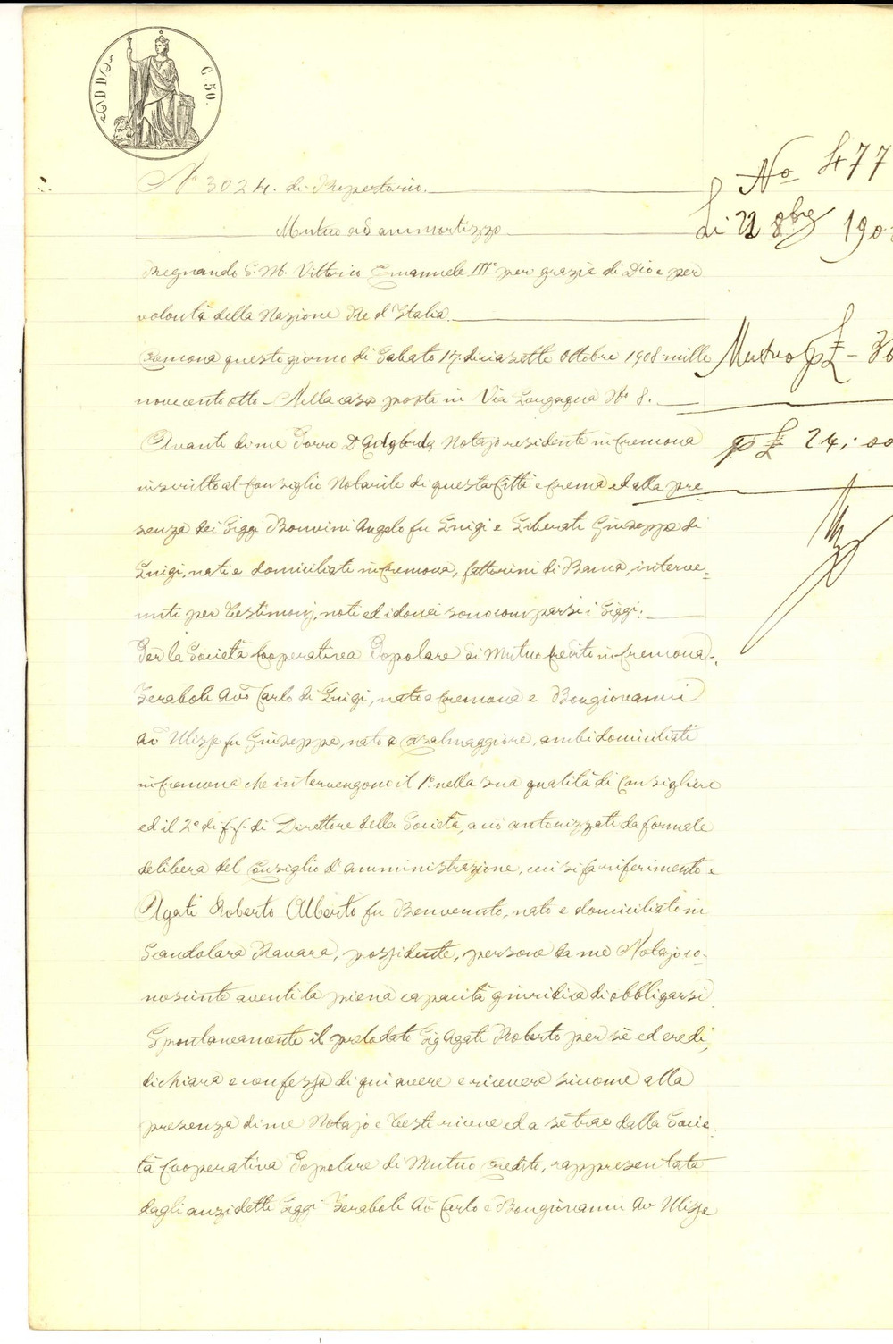 Documento originale, autentico 1908 CREMONA Prestito SocietÃ  Popolare di Mutuo Credito a Roberto AGATI 1