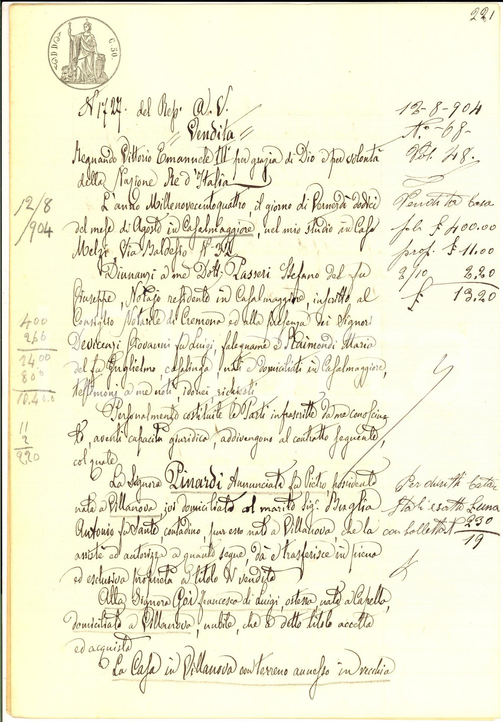 Documento originale, autentico 1904 VILLANOVA CR Annunciata PINARDI vende casa all ostessa Francesca GOI 1