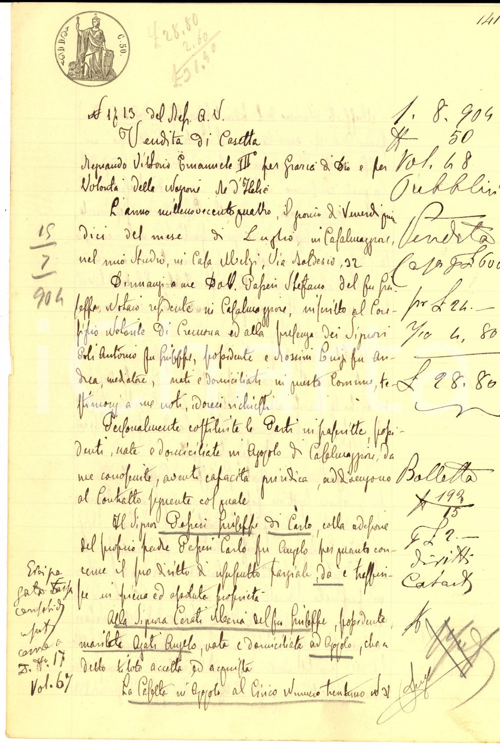 Documento originale, autentico 1904 AGOIOLO CR Giuseppe PASSERI vende casetta a Maria CERATI Manoscritto 1
