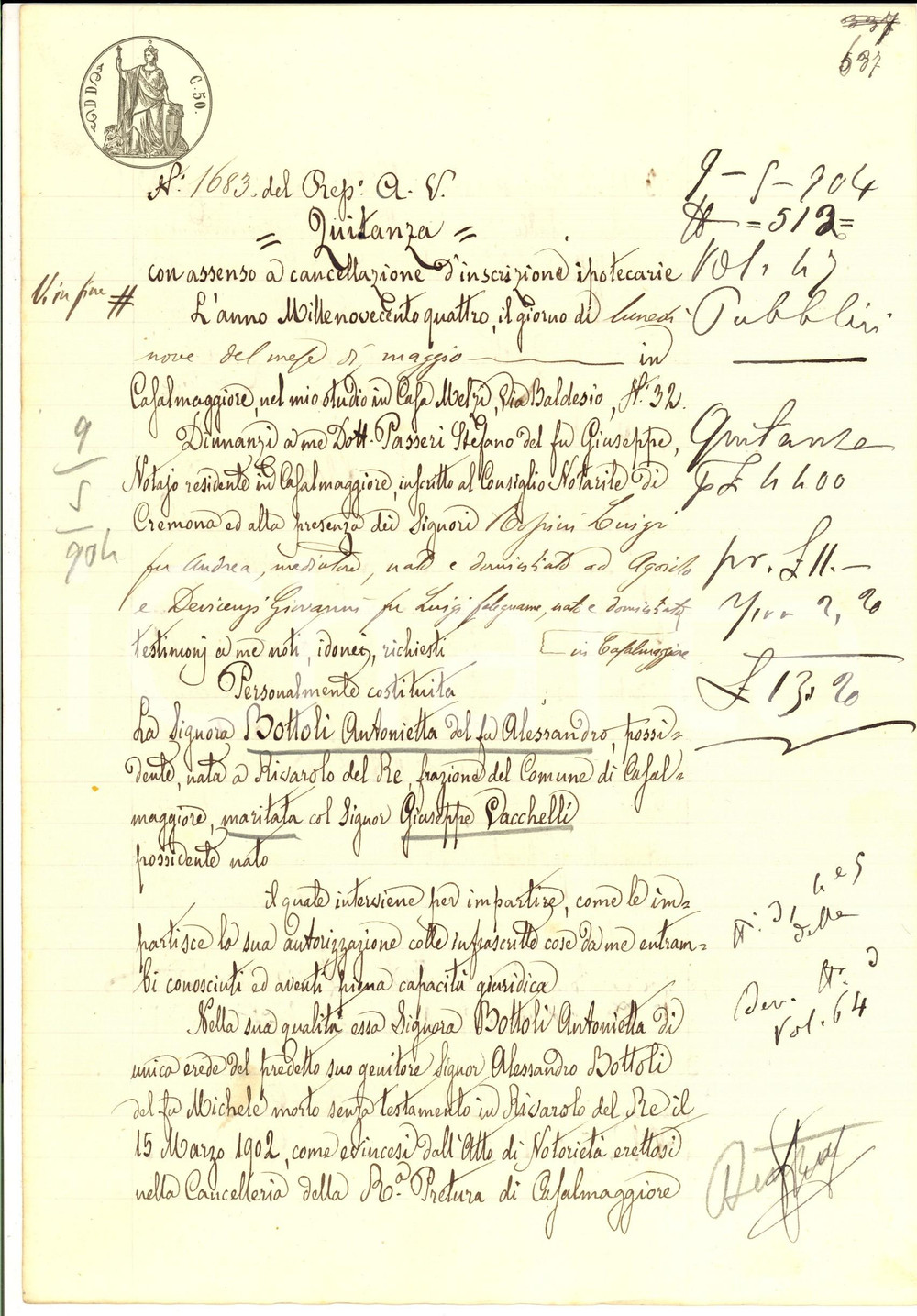 Documento originale, autentico 1904 RIVAROLO DEL RE CR Quietanza di Antonietta BOTTOLI a Luigi AMATI 1