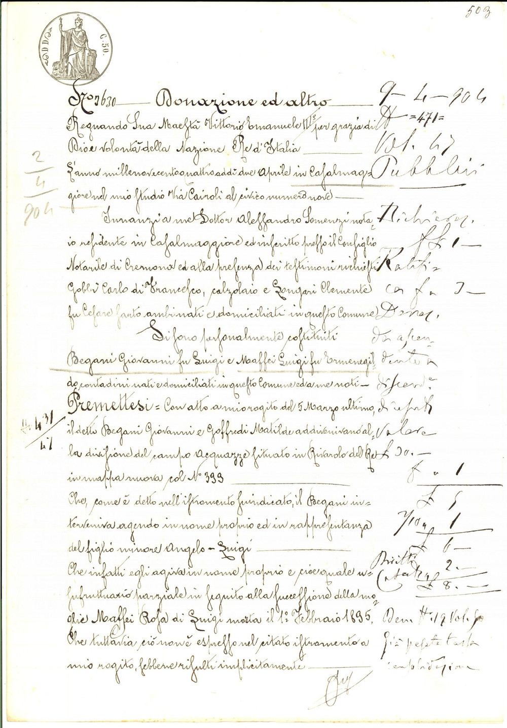 Documento originale, autentico 1904 RIVAROLO DEL RE Atto di donazione di Luigi MAFFEI al nipote Manoscritto 1