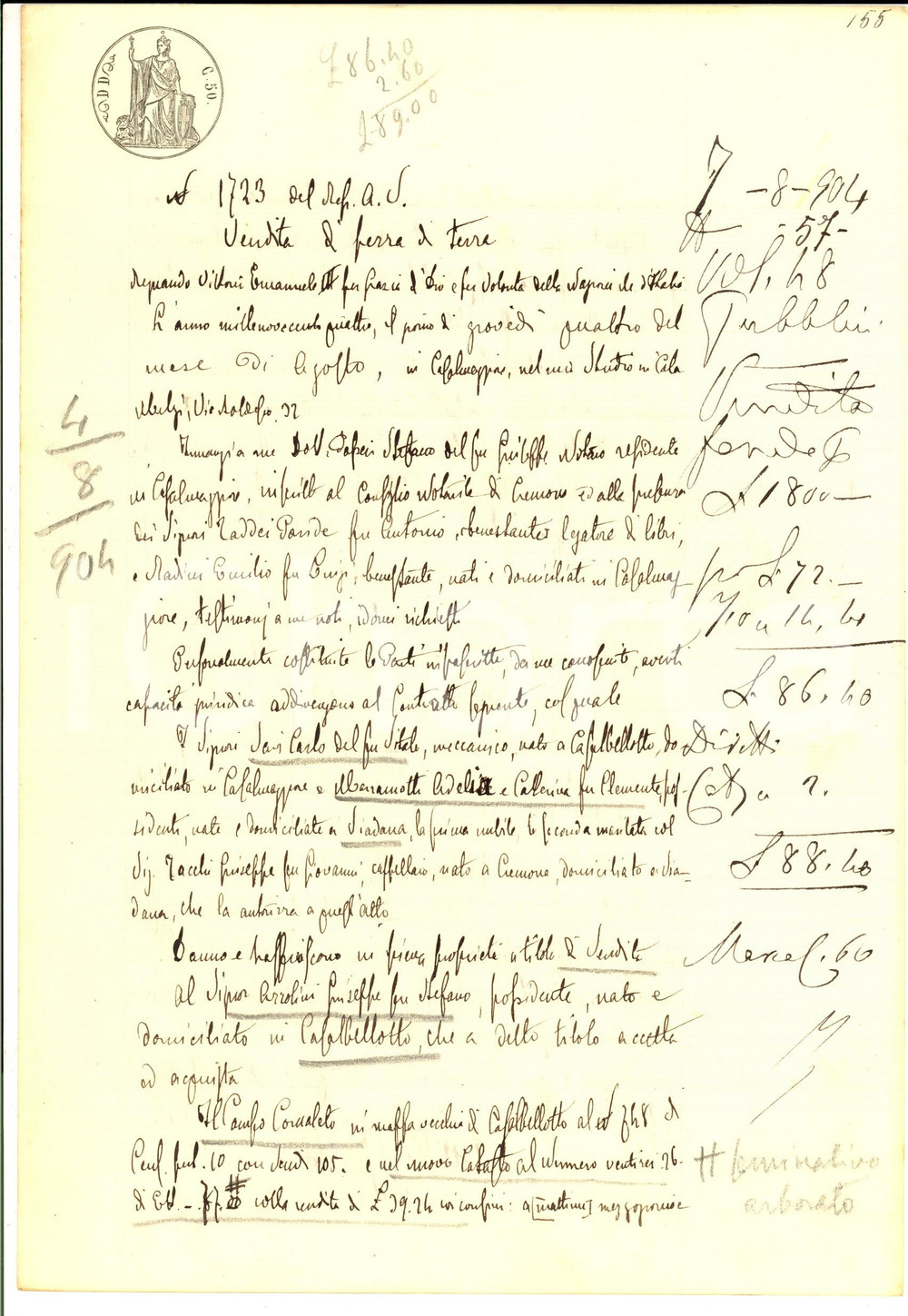 Documento originale, autentico 1904 CASALBELLOTTO CR Carlo SAVI vende a Giuseppe AZZOLINI campo CORNALETO 1
