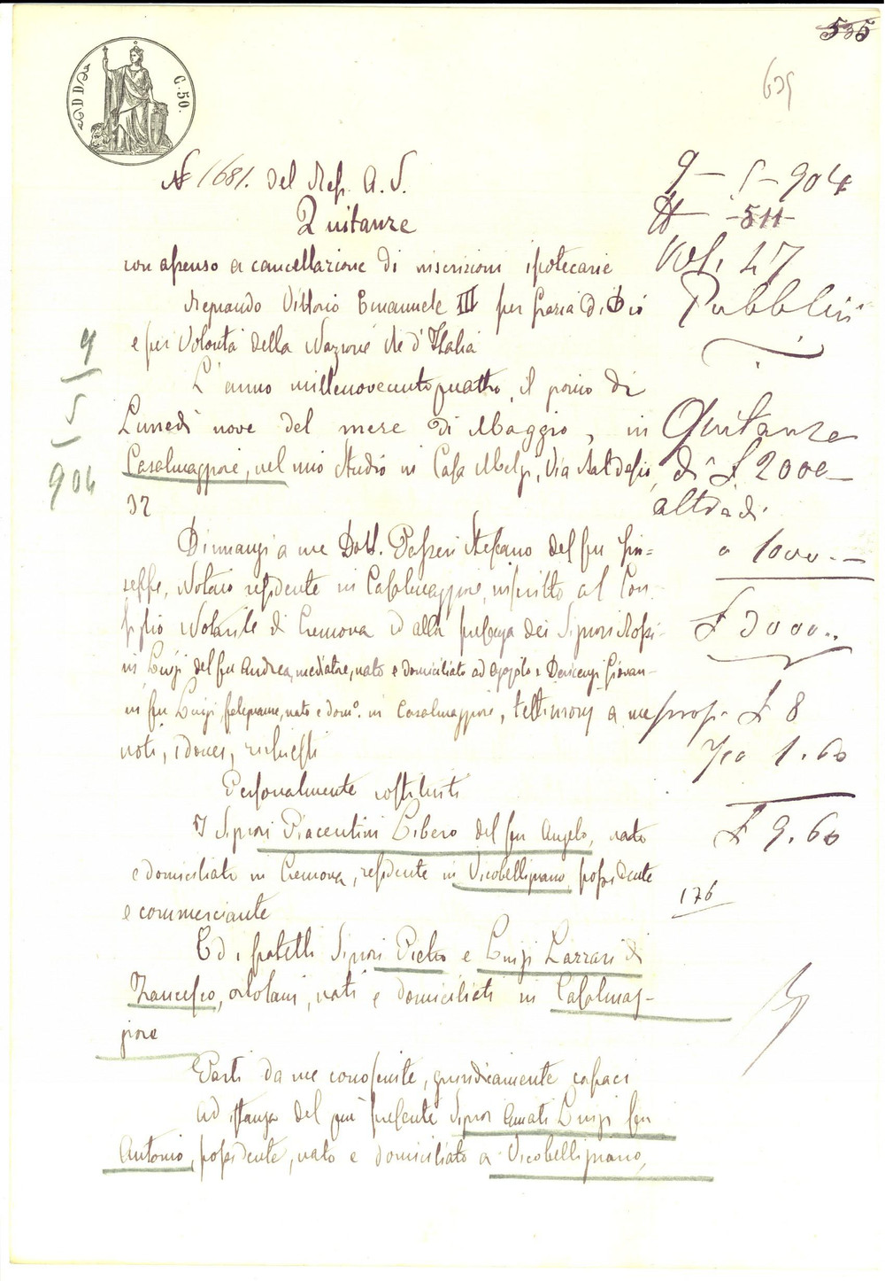 Documento originale, autentico 1904 VICOBELLIGNANO Quietanza a Luigi AMATI saldo Libero PIACENTINI e LAZZARI 1