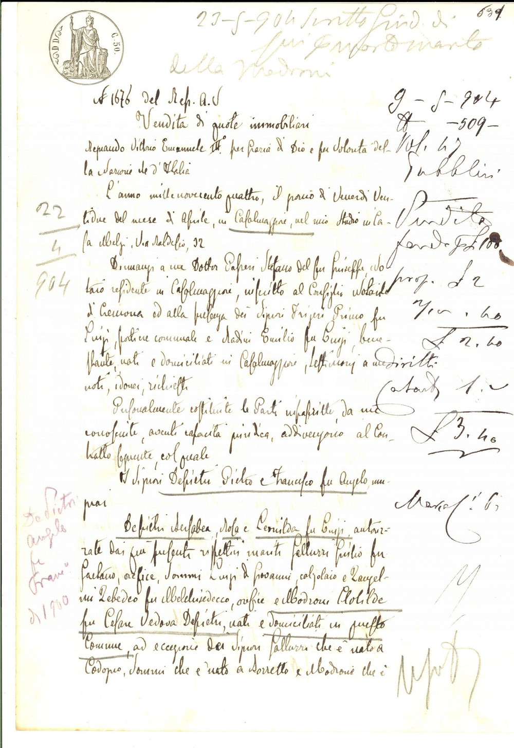 Documento originale, autentico 1904 FOSSACAPRARA CR Colombo e Luigi DEPIETRI acquistano quote di bosco ceduo 1