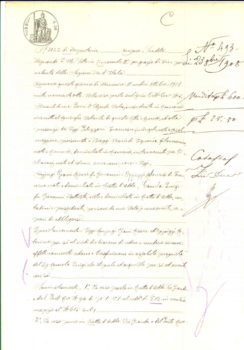Documento originale, autentico 1908 CROTTA D ADDA CR Cesare GIANI vende casa a Luigi CAMOLA Manoscritto 1