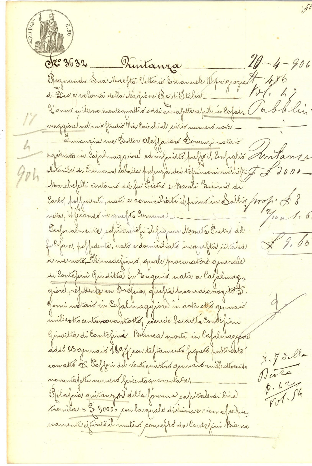 Documento originale, autentico 1904 CASALMAGGIORE Quietanza di Giuditta CONTESINI a Pietro ed Angelo CERATI 1