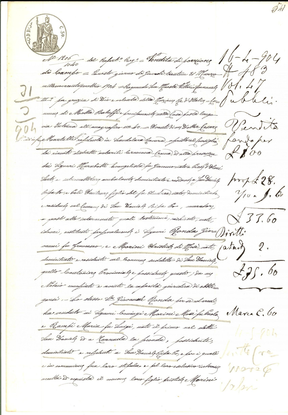 Documento originale, autentico 1904 SAN DANIELE RIPA PO CR Giovanni RONDA vende porzione capo a MosÃ¨ MORINI 1