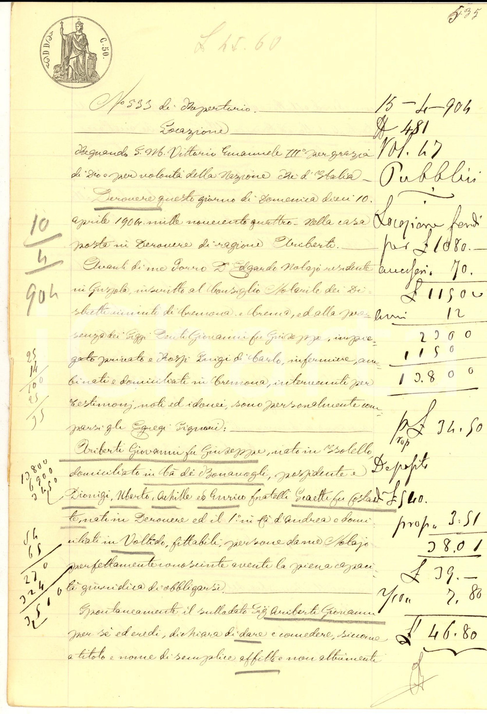 Documento originale, autentico 1904 DEROVERE CR Giovanni ARIBERTI affitta parte campo ai fratelli SCAETTI 1