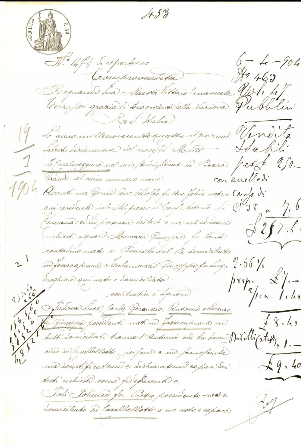 Documento originale, autentico 1904 FOSSACAPRARA Fratelli PADOVA vendono a Polinice POLI terreno alluvionale 1