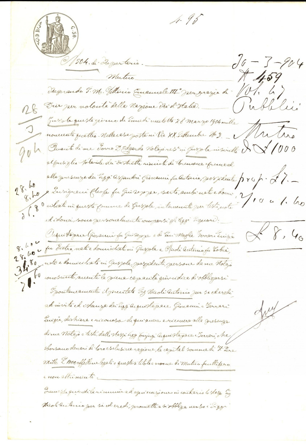 Documento originale, autentico 1904 GUSSOLA CR Prestito Giovanni ACQUISTAPANE ad Antonio NICOLI Manoscritto 1