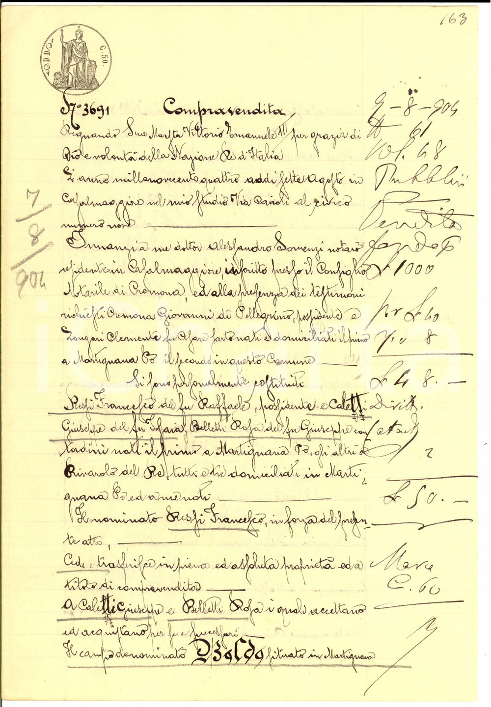 Documento originale, autentico 1904 MARTIGNANA PO Francesco RESSI vende campo BOLDO a Giuseppe CALETTI 1