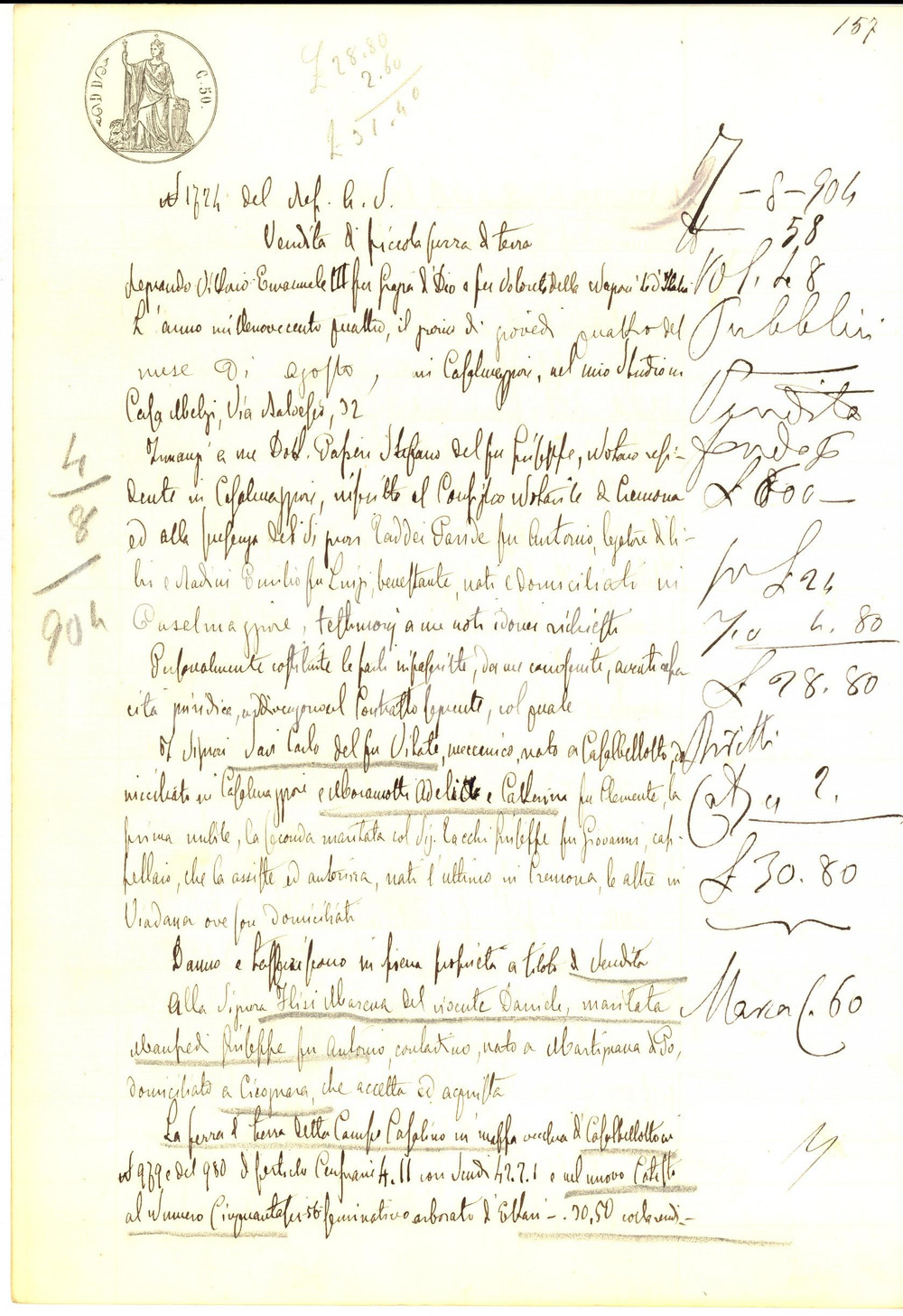 Documento originale, autentico 1904 CASALBELLOTTO CR Carlo SAVI vende a Mercura FLISI campo CASALINO 1
