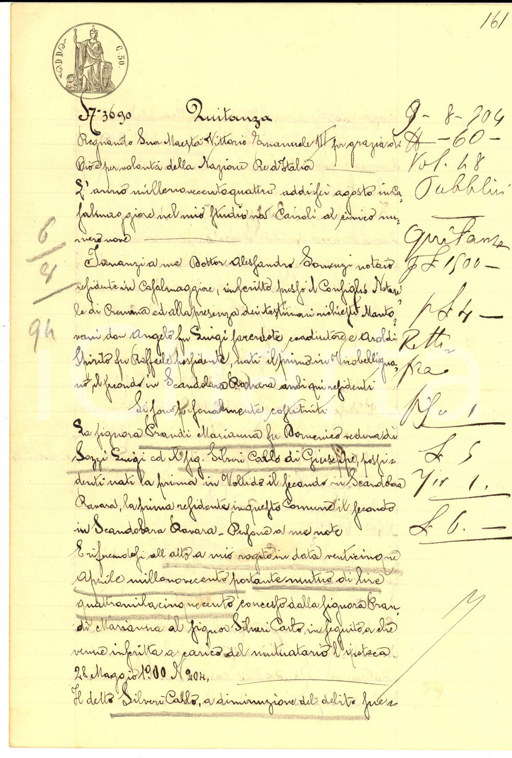 Documento originale, autentico 1904 SCANDOLARA RAVARA Quietanza di Marianna PRANDI a Carlo SILVERI 1