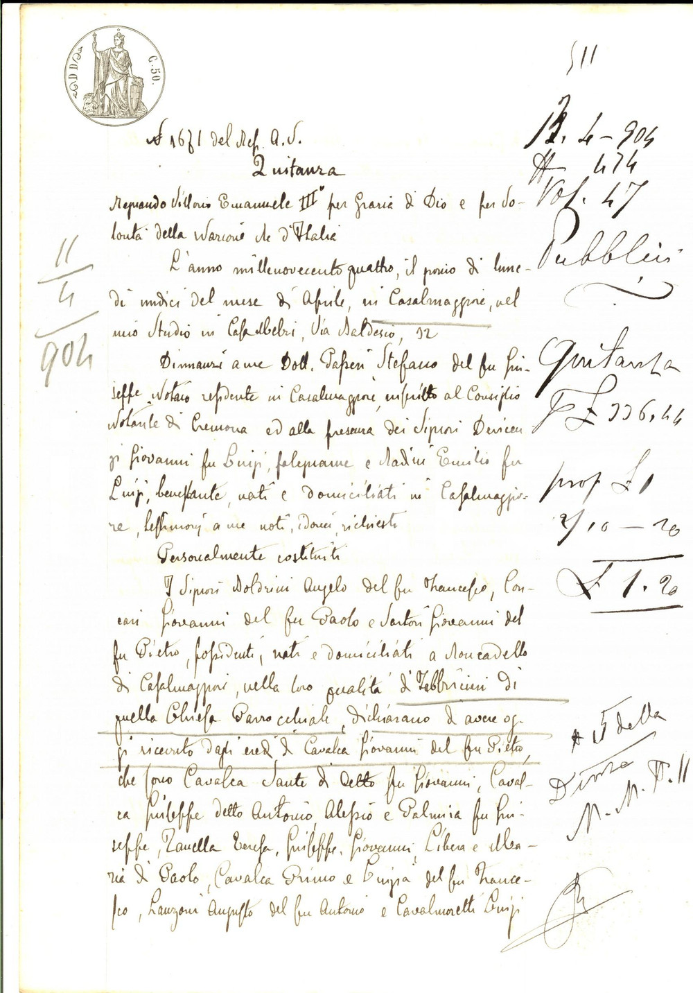 Documento originale, autentico 1904 RONCADELLO Quietanza Fabbriceria chiesa parrocchiale a eredi CAVALCA 1
