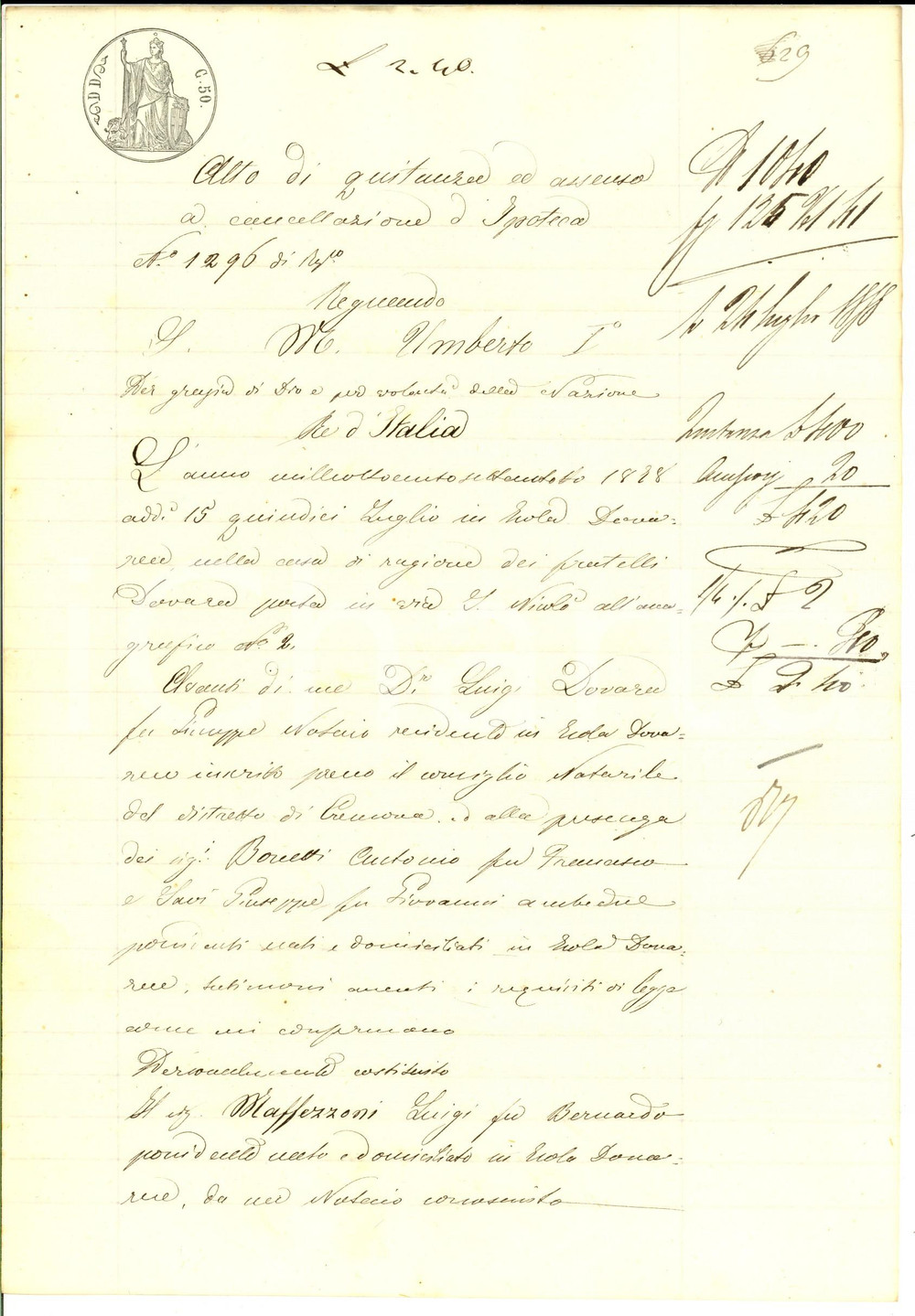 Documento originale, autentico 1878 ISOLA DOVARESE CR Quietanza di Luigi MAFFEZZONI ad Adelaide MANFREDI 1