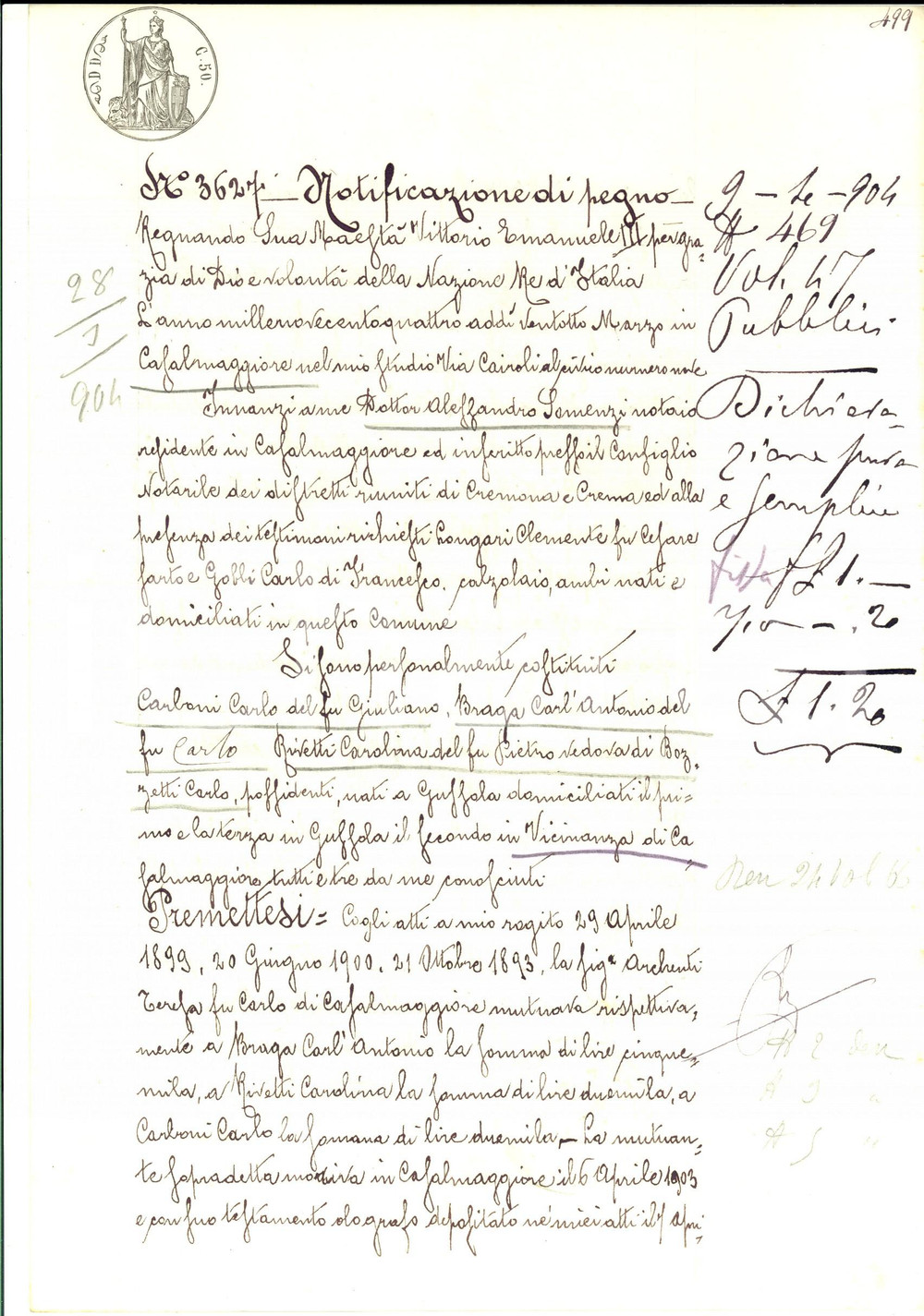 Documento originale, autentico 1904 GUSSOLA CR Notificazione pegno su prestito della defunta Teresa ARCHENTI 1