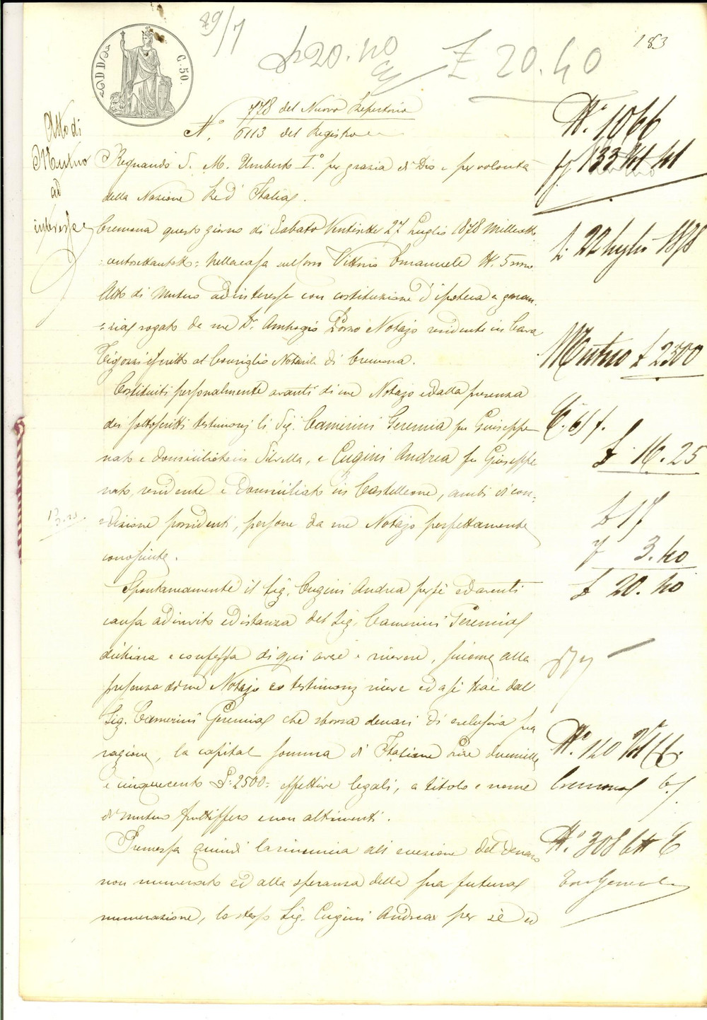 Documento originale, autentico 1878 CASTELLEONE Andrea CUGINI riceve prestito da Geremia CAMERINI Manoscritto 1
