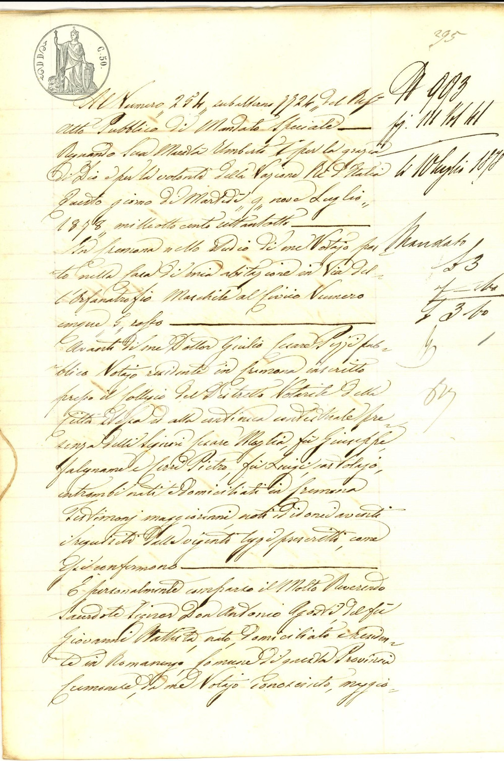 Documento originale, autentico 1878 ROMANENGO CR Mandato speciale di don Antonio AGOSTI a Costantino MARENGHI 1