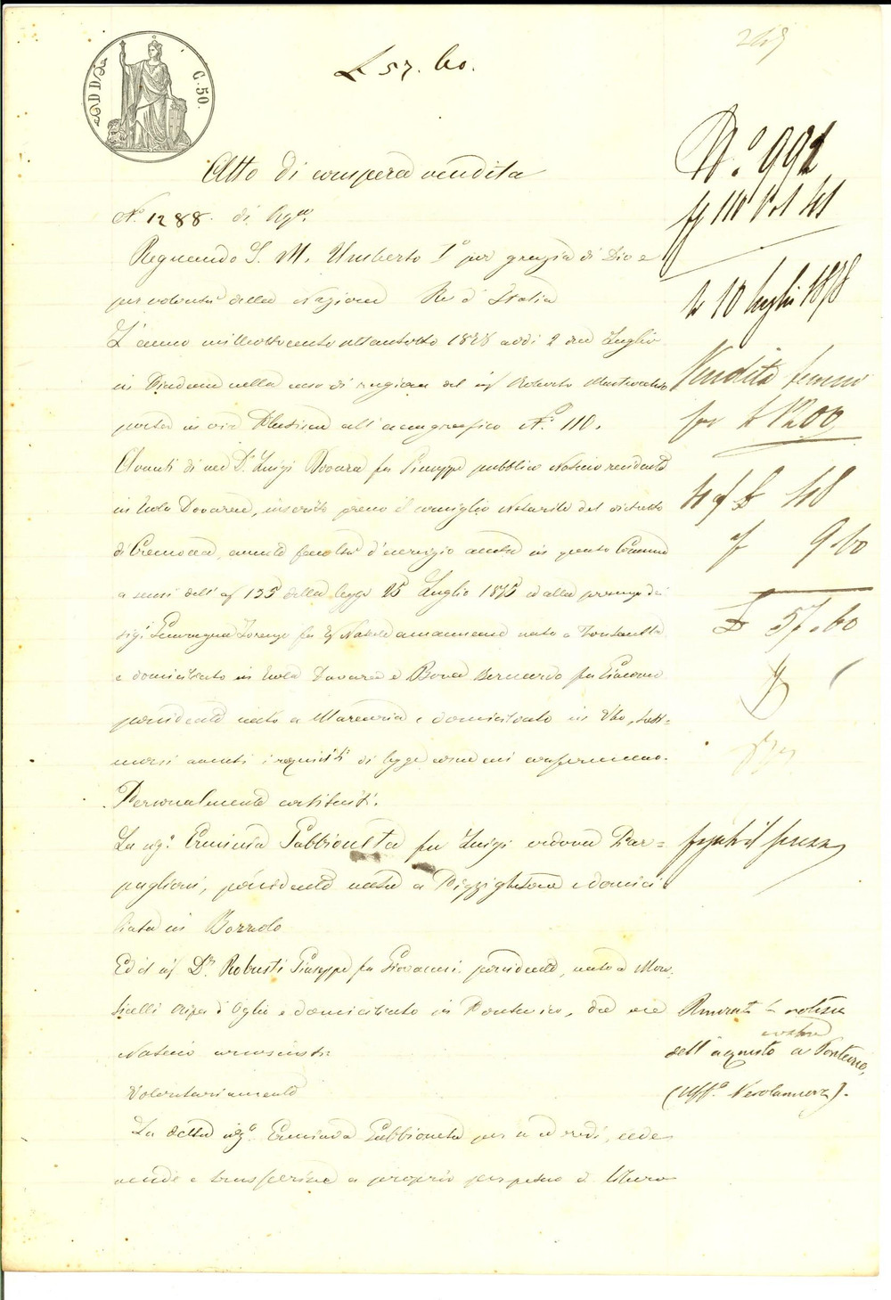 Documento originale, autentico 1878 PONTIROLO CAPREDONI Erminia GABBIONETA vende parte campo a Giuseppe ROBUSTI 1