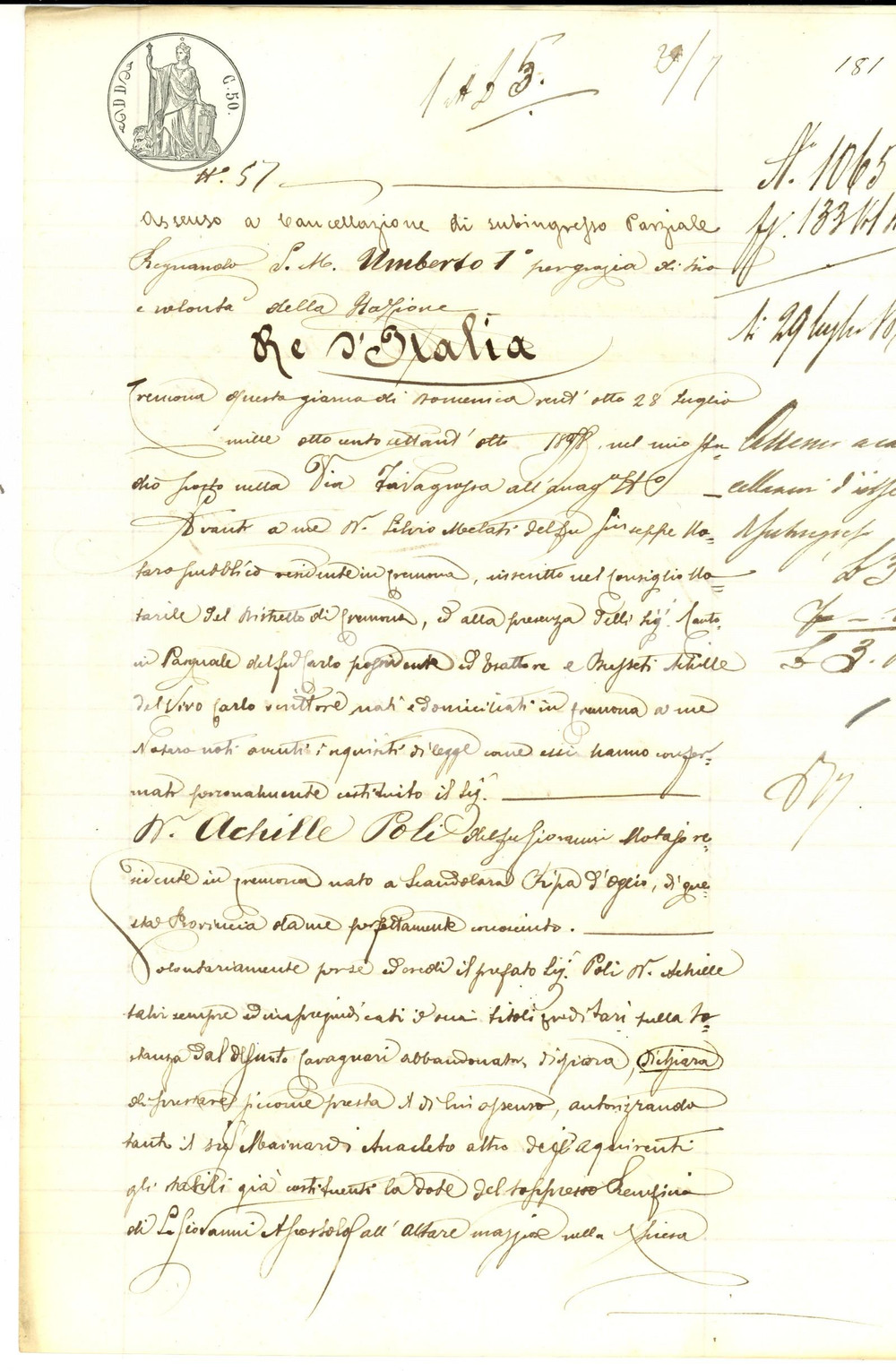 Documento originale, autentico 1878 SCANDOLARA RIPA D OGLIO Quietanza Achille POLI ereditÃ  Francesco CAVAGNARI 1