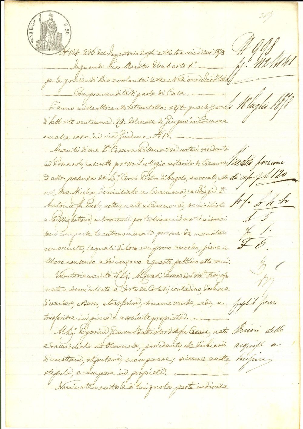 Documento originale, autentico 1878 OLMENETA Cesare ALQUATI vende parte di casa a Giovanni Battista PEGORINI 1