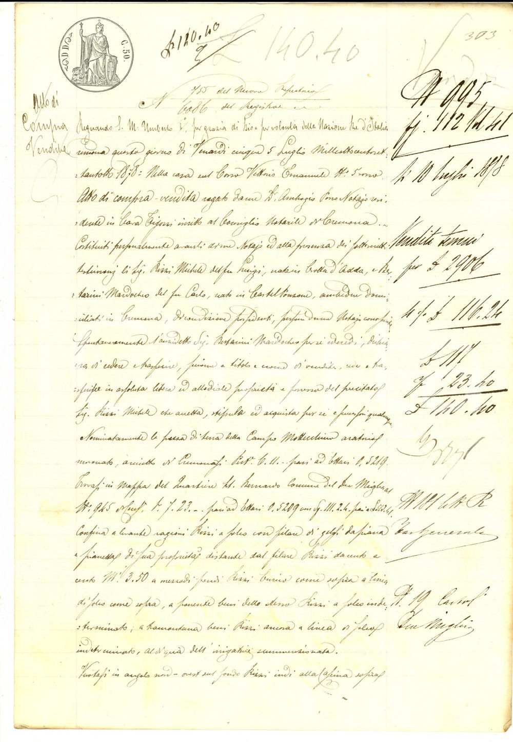 Documento originale, autentico 1878 DUEMIGLIA CR Mardocheo BERTARINI vende campo MOTTECCHINO a Michele RIZZI 1