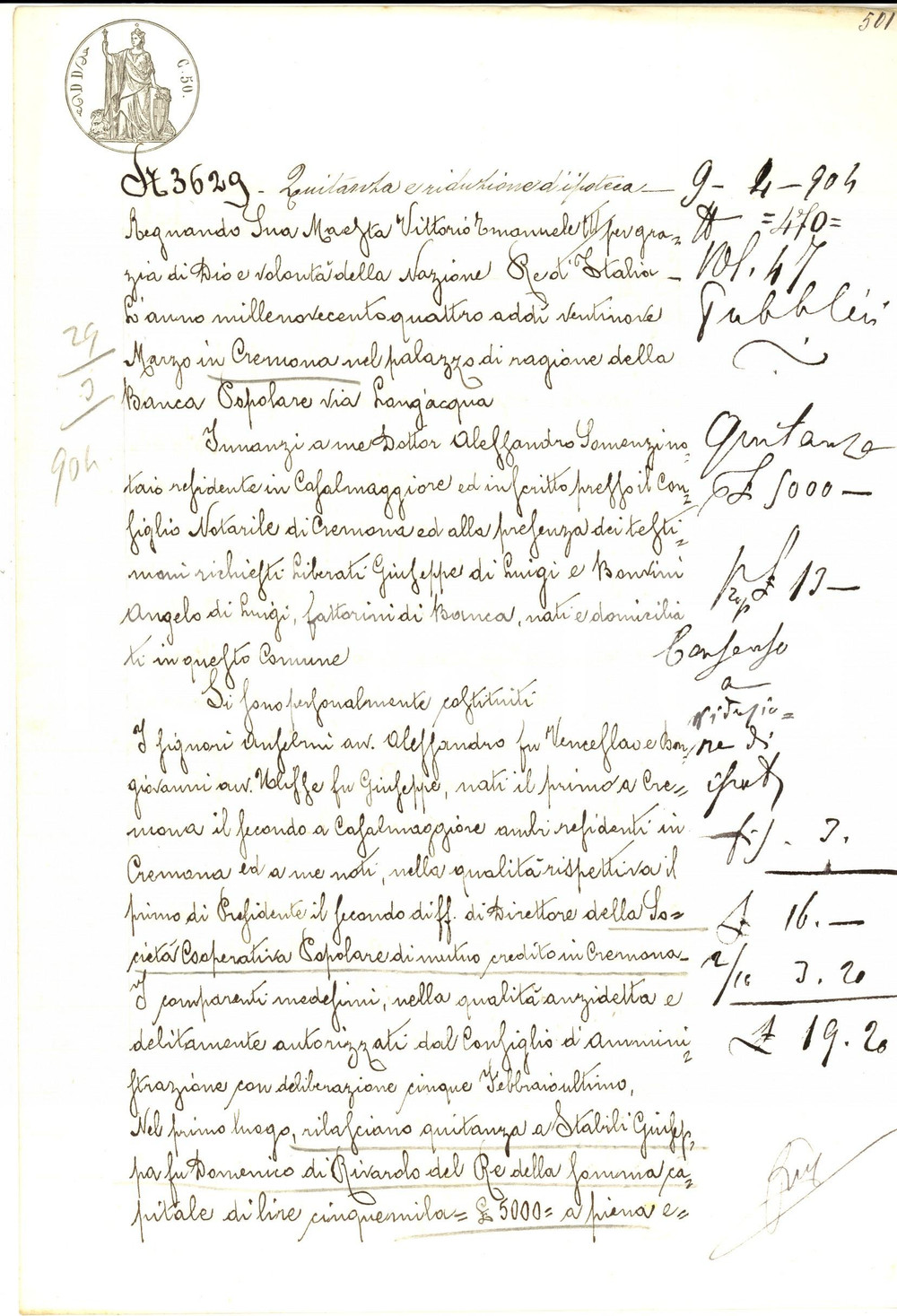 Documento originale, autentico 1904 RIVAROLO DEL RE CR Quietanza SocietÃ  Mutuo Credito a Giuseppa STABILI 1