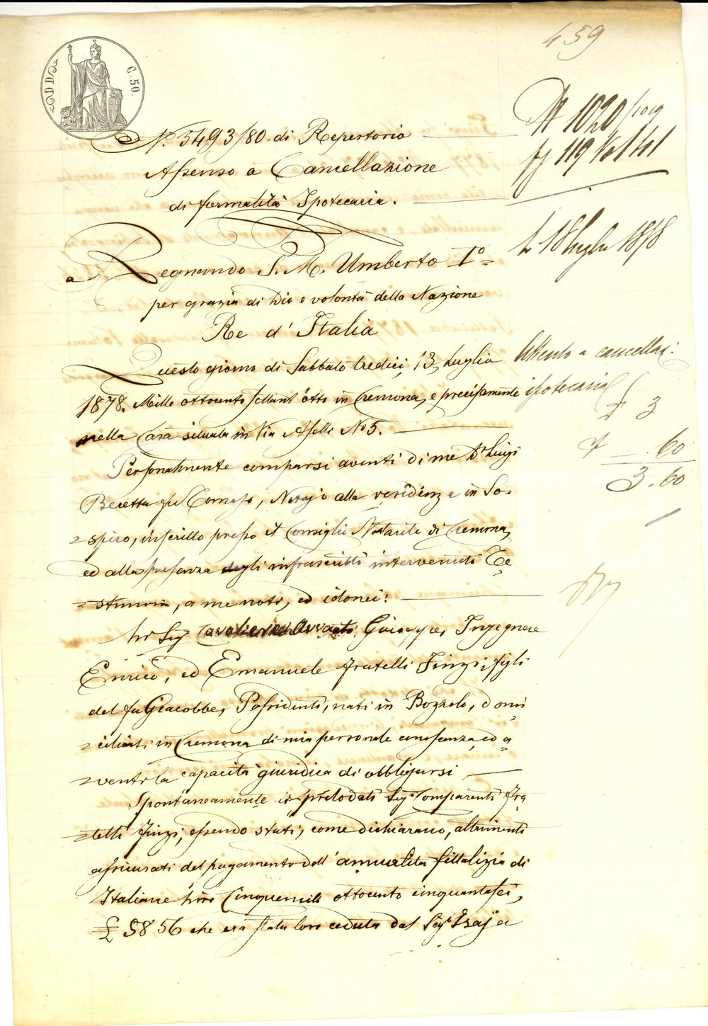 Documento originale, autentico 1878 CREMONA Quietanza  fratelli FINZI e assenso cancellazione pro Isaia FINZI 1