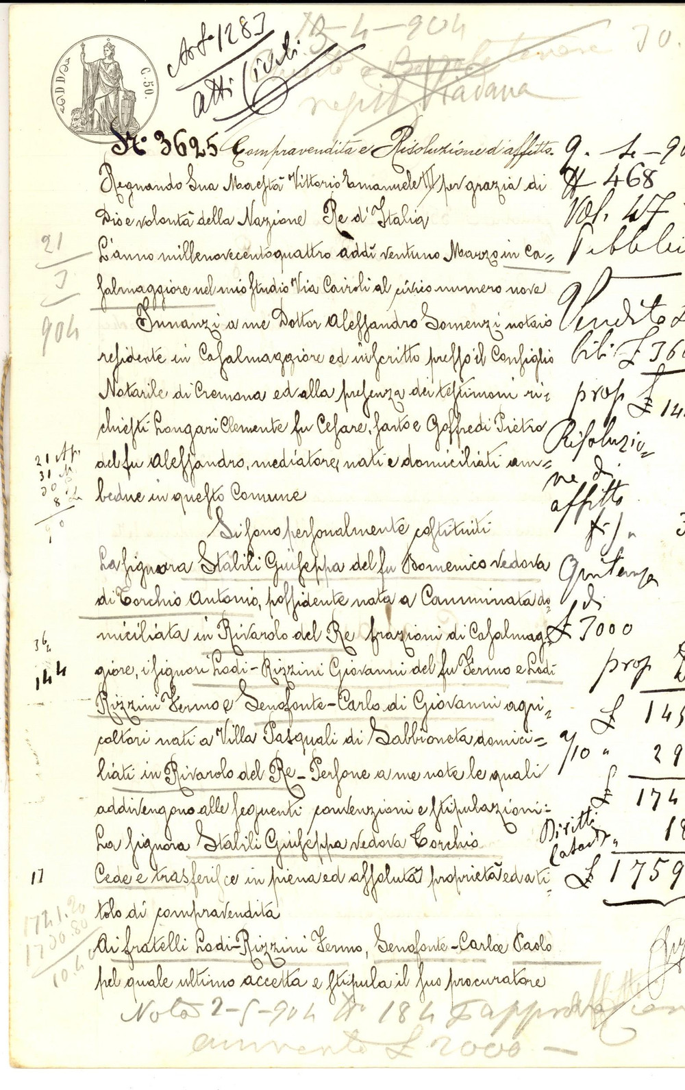 Documento originale, autentico 1904 RIVAROLO DEL RE Giuseppa STABILI vende podere a Fermo LODI RIZZINI 1