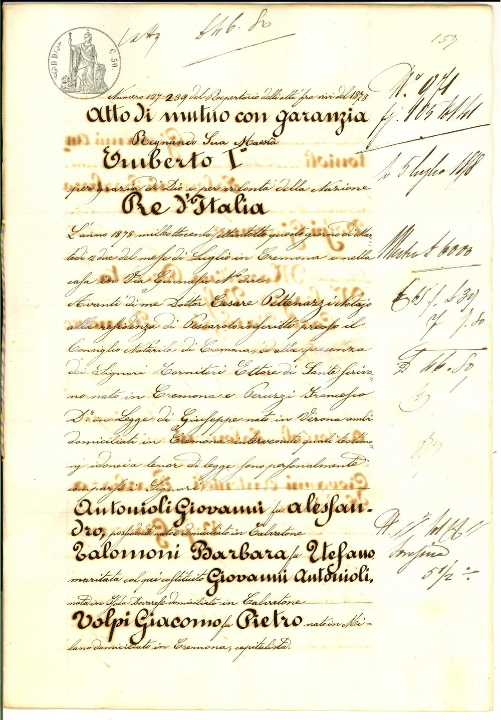 Documento originale, autentico 1878 CALVATONE Prestito Giacomo VOLPI a Giovanni ANTONIOLI e Barbara SALOMONI 1