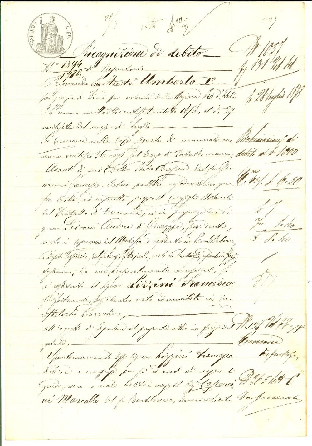 Documento originale, autentico 1878 CASTELVETRO Ricognizione debito Francesco LIZZINI verso Marcello COPERCINI 1