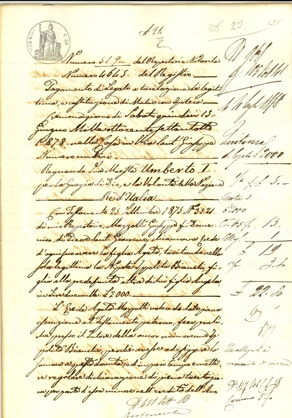 Documento originale, autentico 1878 CREMONA Pagamento di legato eredi Agata MAZZOTTI e Ippolita BIANCHI 1