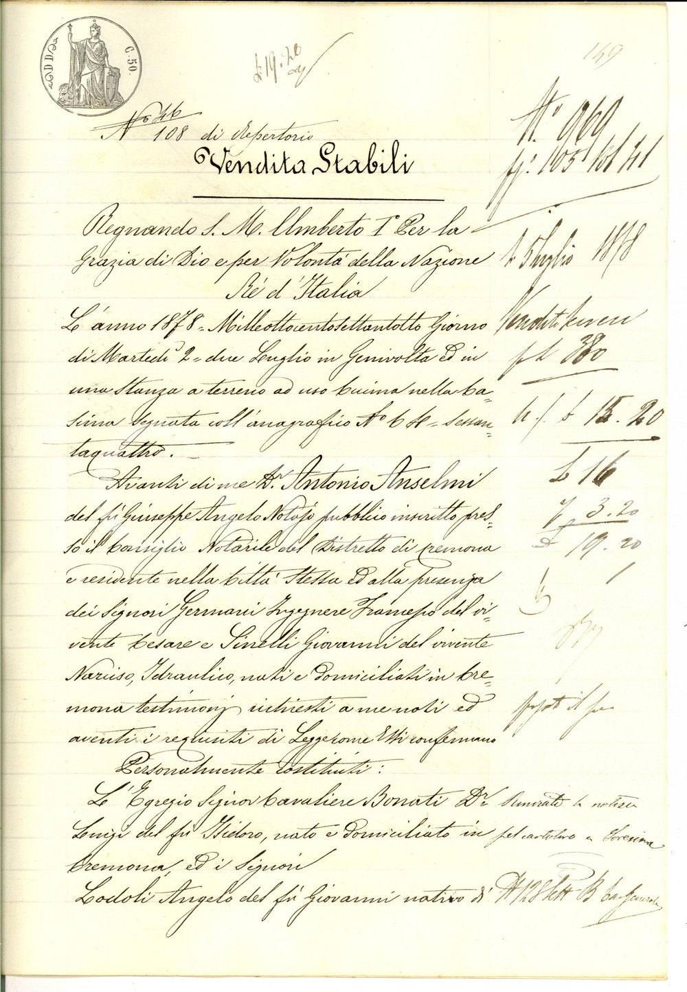 Documento originale, autentico 1878 GENIVOLTA Angelo LODOLI e Giacomo TARLETTI vendono terra a Luigi BONATI 1