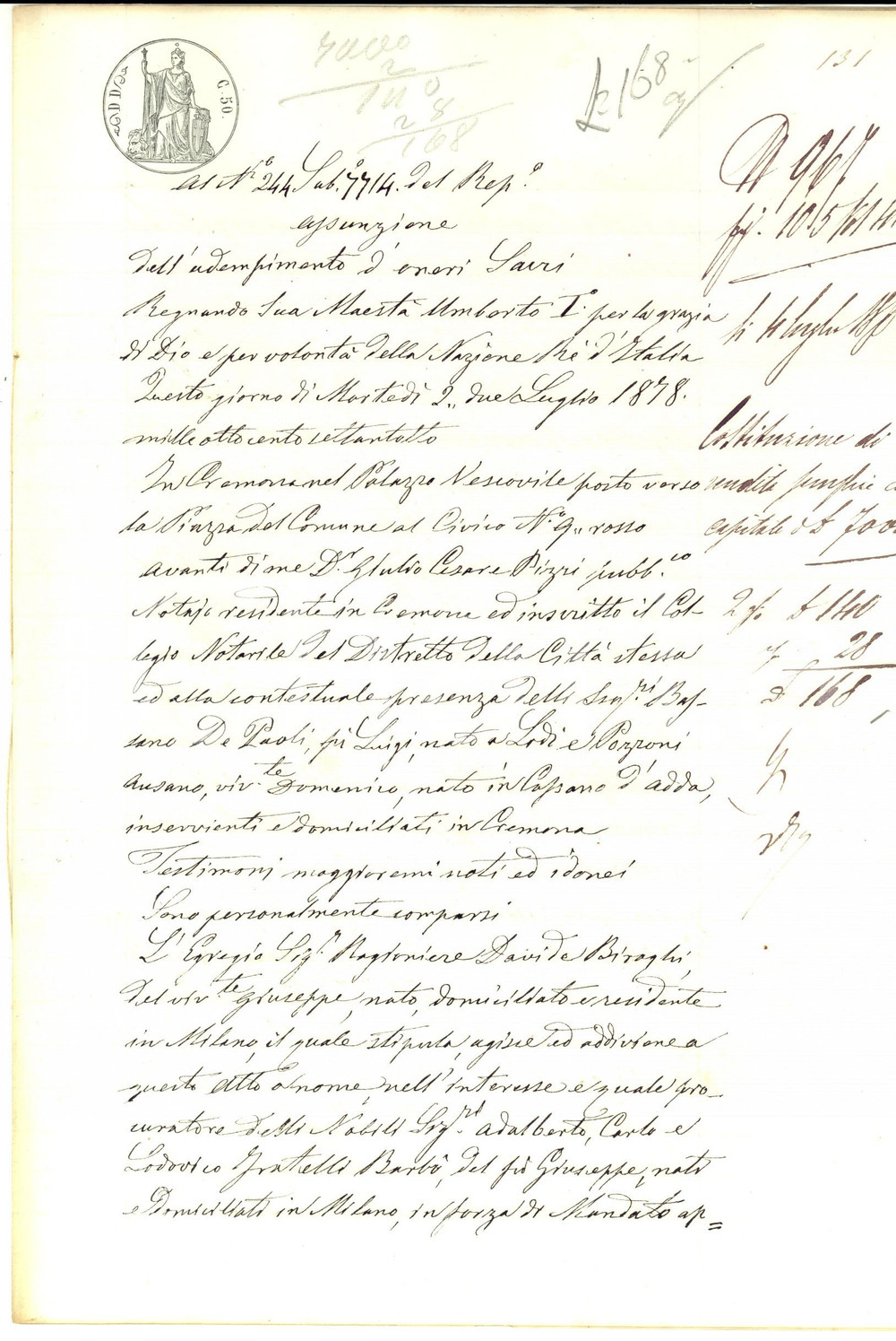 Documento originale, autentico 1878 GRONTARDO CR Oneri sacri su patronato S. ANDREA nobile famiglia BARBO 1