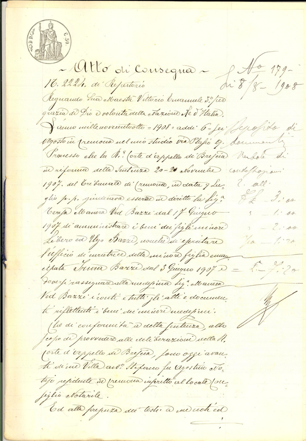 Documento originale, autentico 1908 CREMONA Atto di consegna beni dei minorenni Libero, Ugo e Irma BAZZI 1