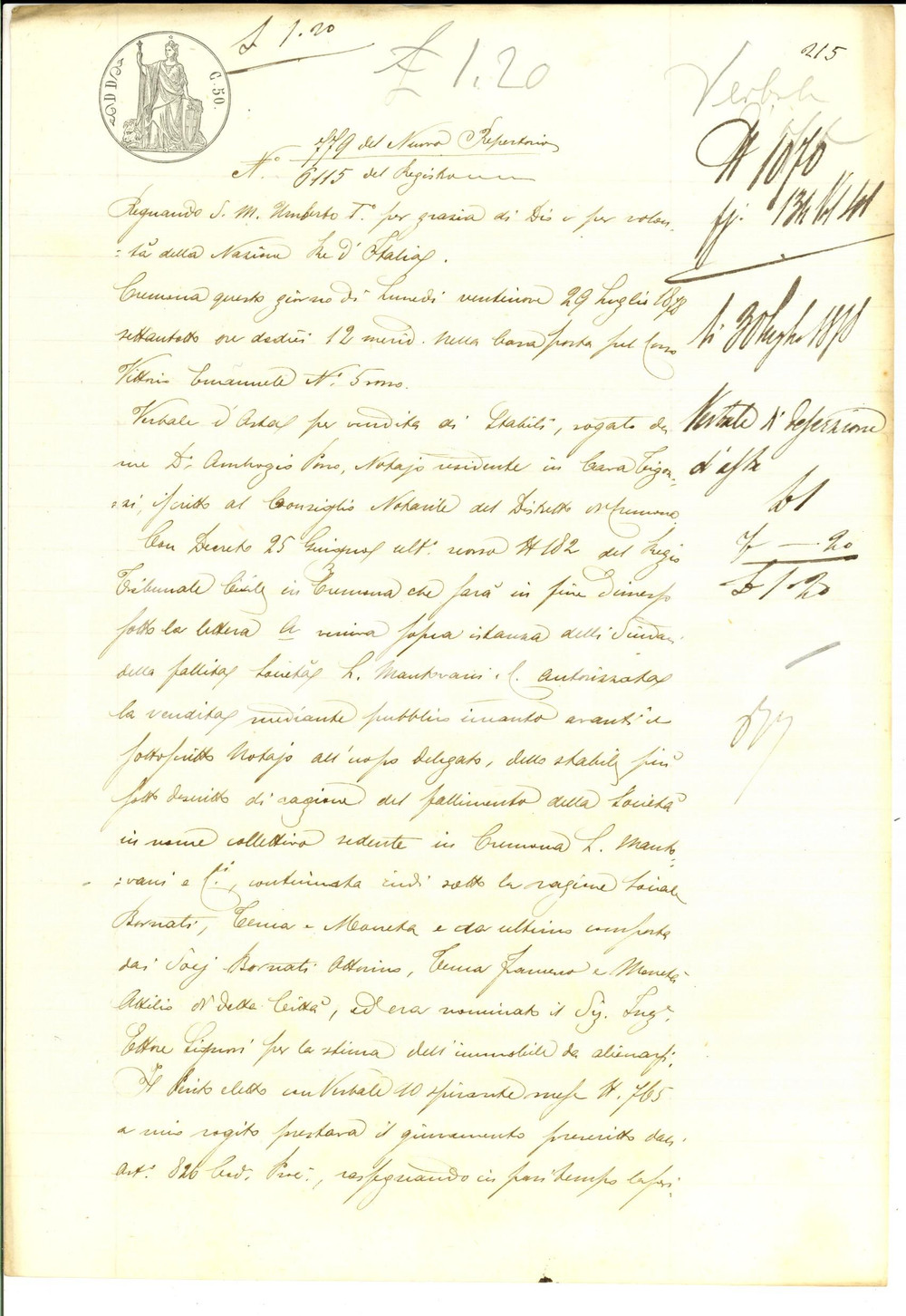 Documento originale, autentico 1878 CREMONA Verbale deserzione di asta su beni della fallita societÃ  MANTOVANI 1