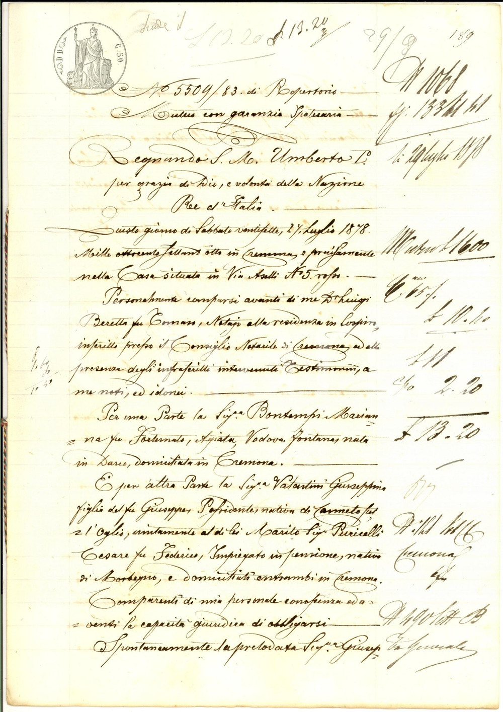 Documento originale, autentico 1878 CREMONA Contratto di mutuo tra Marianna BONTEMPI e Giuseppina VALENTINI 1